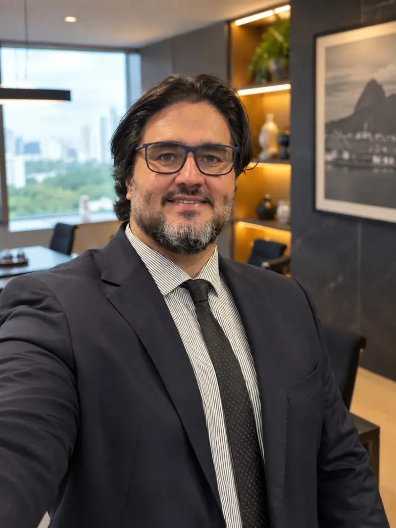 Patrick Faggioni de terno e óculos no escritório, com a janela para a cidade ao fundo